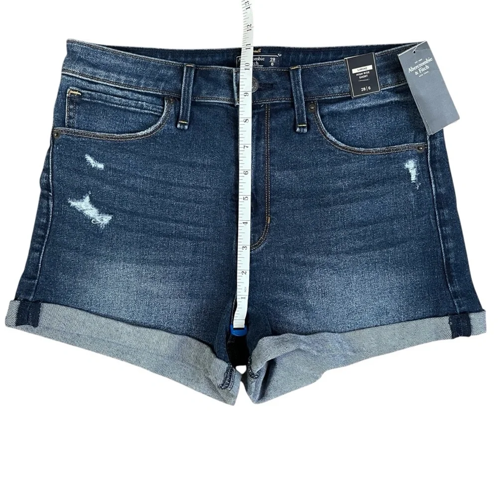Abercrombie & Fitch Simone High‎ Rise Jean Shorts Dark Blue 28/6 NWT Distressed - Picture 4 of 7